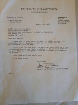 アーロン・ベックからアドラー心理学会宛ての手紙